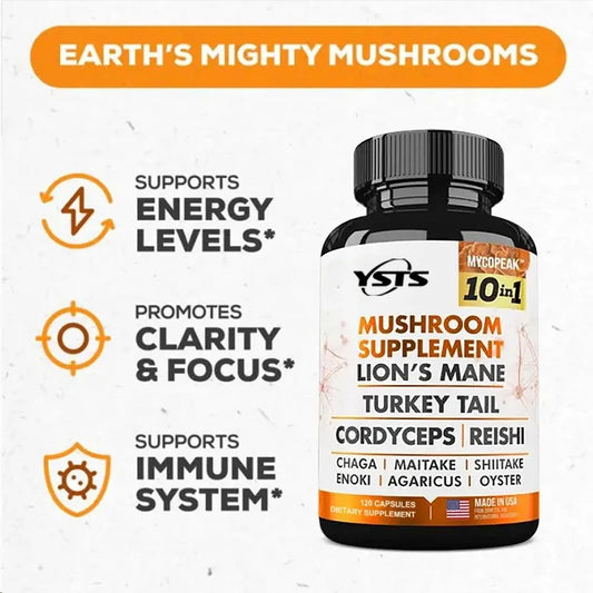Mushroom Supplement 10x Complex - Lion's Mane, Turkey Tail, Cordyceps, Reishi - Memory & , Brain Support Supplement