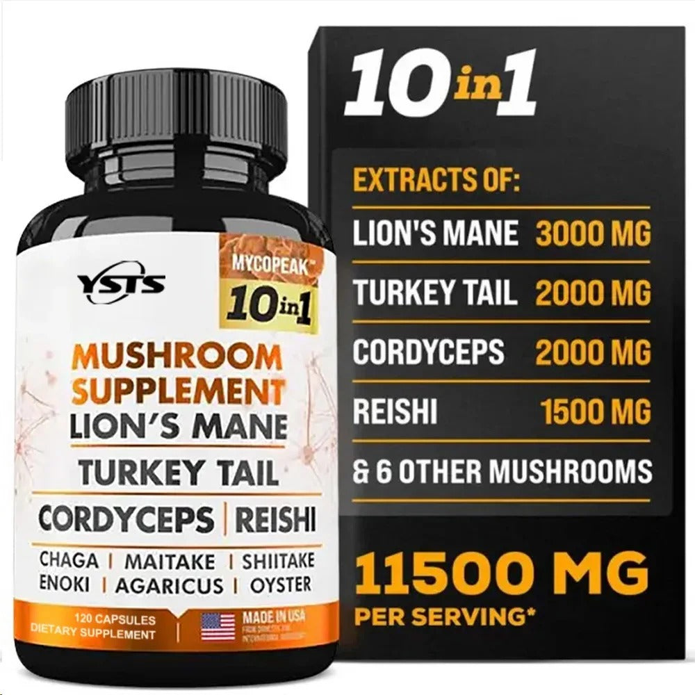 Mushroom Supplement 10x Complex - Lion's Mane, Turkey Tail, Cordyceps, Reishi - Memory & , Brain Support Supplement