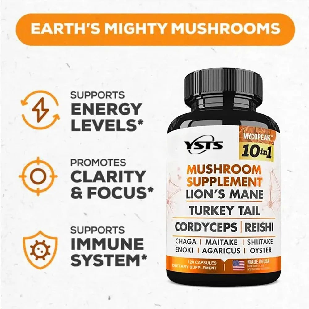 Mushroom Supplement 10x Complex - Lion's Mane, Turkey Tail, Cordyceps, Reishi - Memory & , Brain Support Supplement