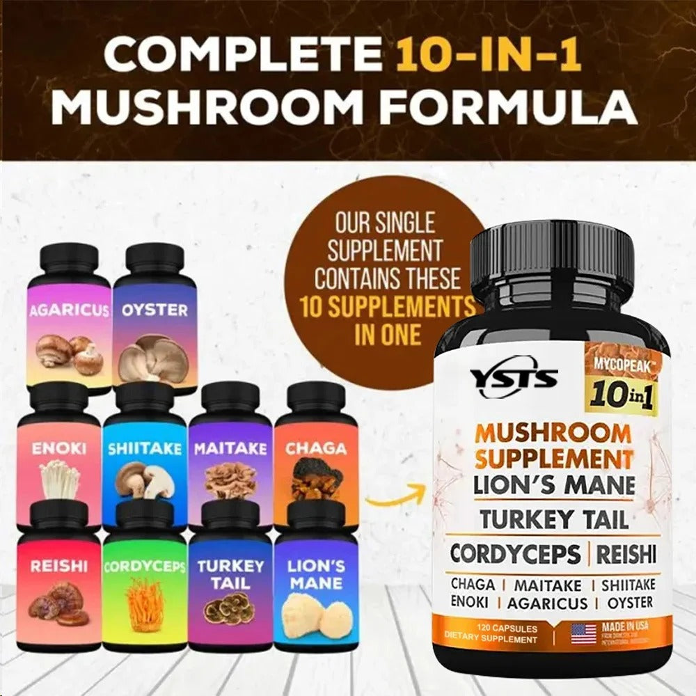 Mushroom Supplement 10x Complex - Lion's Mane, Turkey Tail, Cordyceps, Reishi - Memory & , Brain Support Supplement
