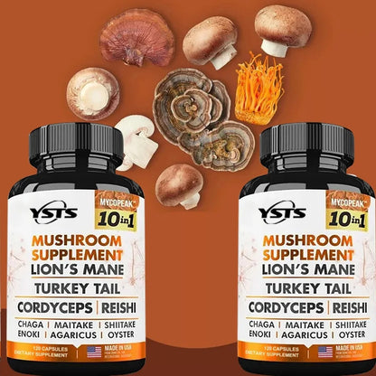 Mushroom Supplement 10x Complex - Lion's Mane, Turkey Tail, Cordyceps, Reishi - Memory & , Brain Support Supplement