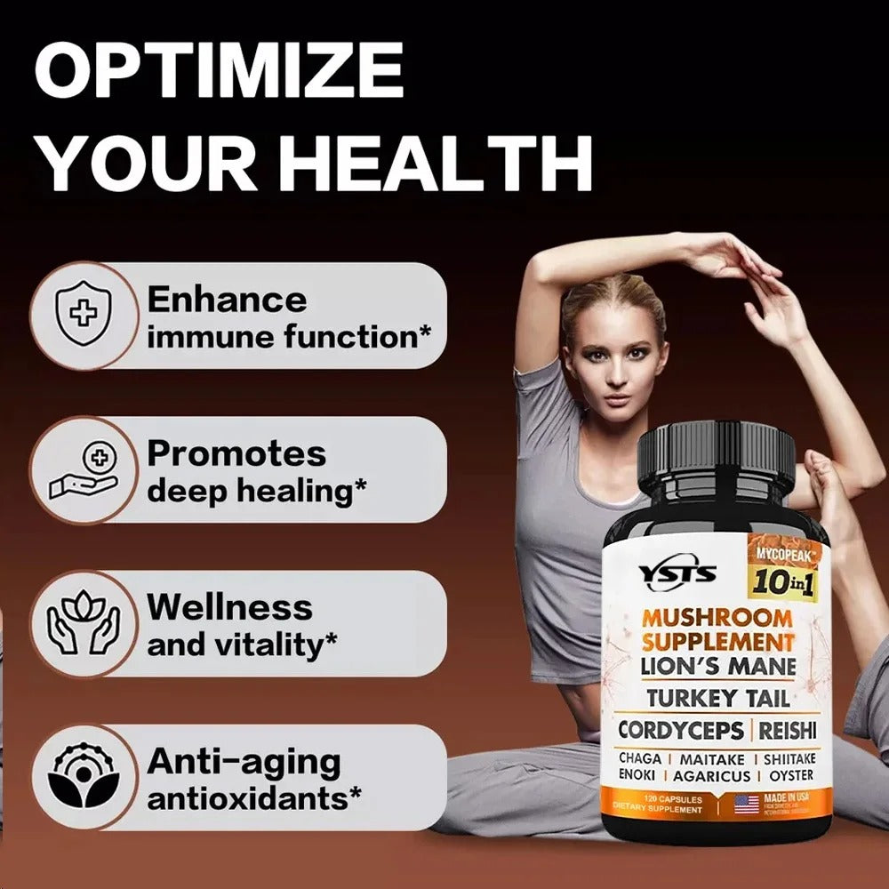 Mushroom Supplement 10x Complex - Lion's Mane, Turkey Tail, Cordyceps, Reishi - Memory & , Brain Support Supplement