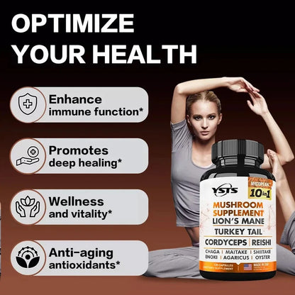 Mushroom Supplement 10x Complex - Lion's Mane, Turkey Tail, Cordyceps, Reishi - Memory & , Brain Support Supplement