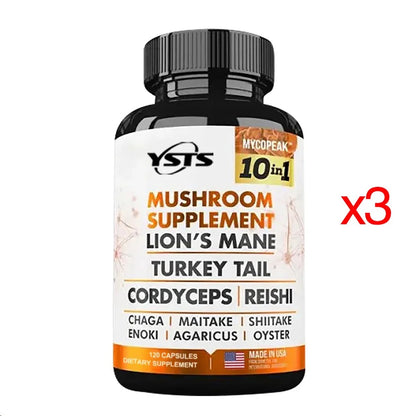 Mushroom Supplement 10x Complex - Lion's Mane, Turkey Tail, Cordyceps, Reishi - Memory & , Brain Support Supplement